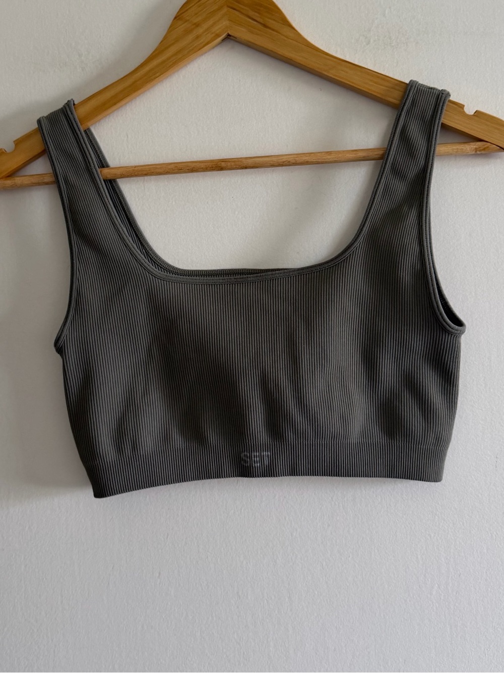 SET ACTIVE Green/Gray Ribbed Square Neck Sports Bra size Small EUC - Picture 2 of 6